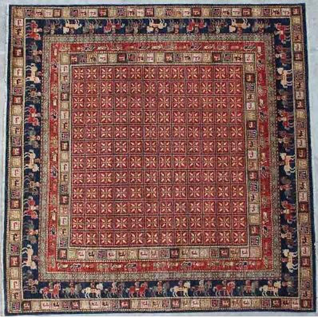 Tribal Square 8x8 Pazyryk Rug - Afghan Hand Knotted Wool Rug - Oriental Living Room Rug - Vintage Design Rug - Animal Print Rug - 246x249cm-San Francisco Rugs--San Francisco Rugs