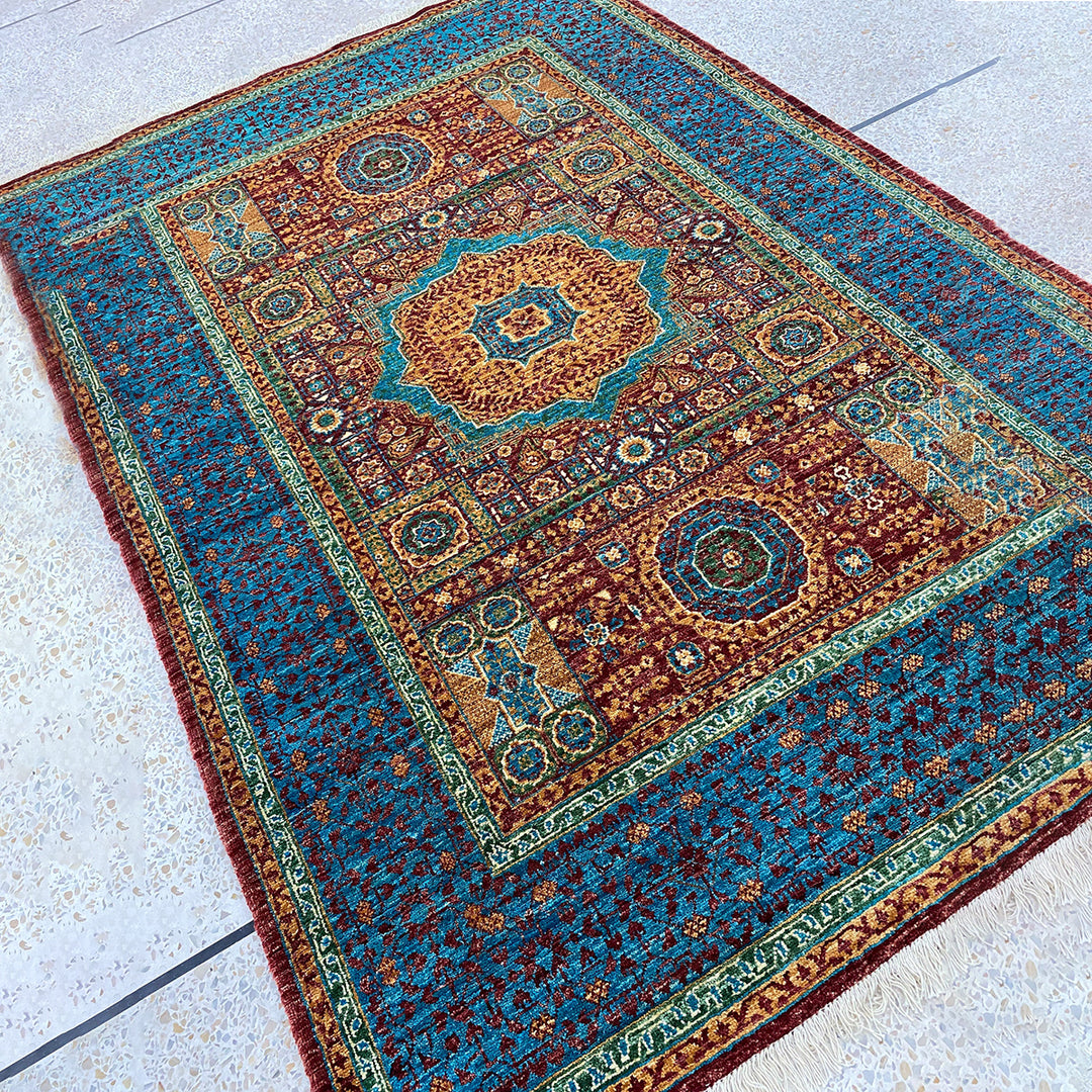 Red-Blue 4x6 Hand Knotted Turkish Mamluk Rug - Medallion Rug - Small Area Rug - Entryway Rug - Kitchen Rug - Small Bedroom Rug - Home Decor-San Francisco Rugs--San Francisco Rugs