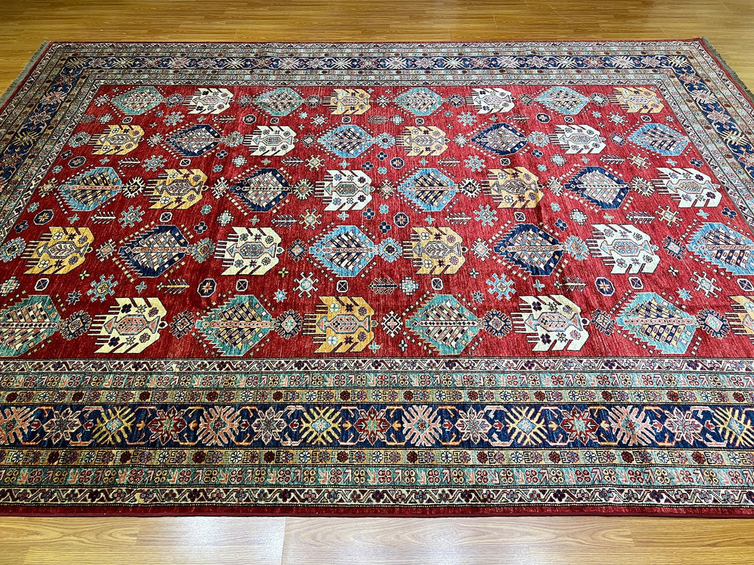 9X12 RED KAZAK HAND KNOTTED GEOMETRIC ARE RUG-San Francisco Rugs--San Francisco Rugs