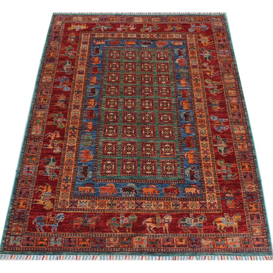 5x7 Ft Hand Knotted Pazyryk Rug - Animal Print Rug - Red Blue Tribal Rug - Hand Woven Lambswool Rug - 5x7 Living Room Rug - Office Area Rug-San Francisco Rugs--San Francisco Rugs