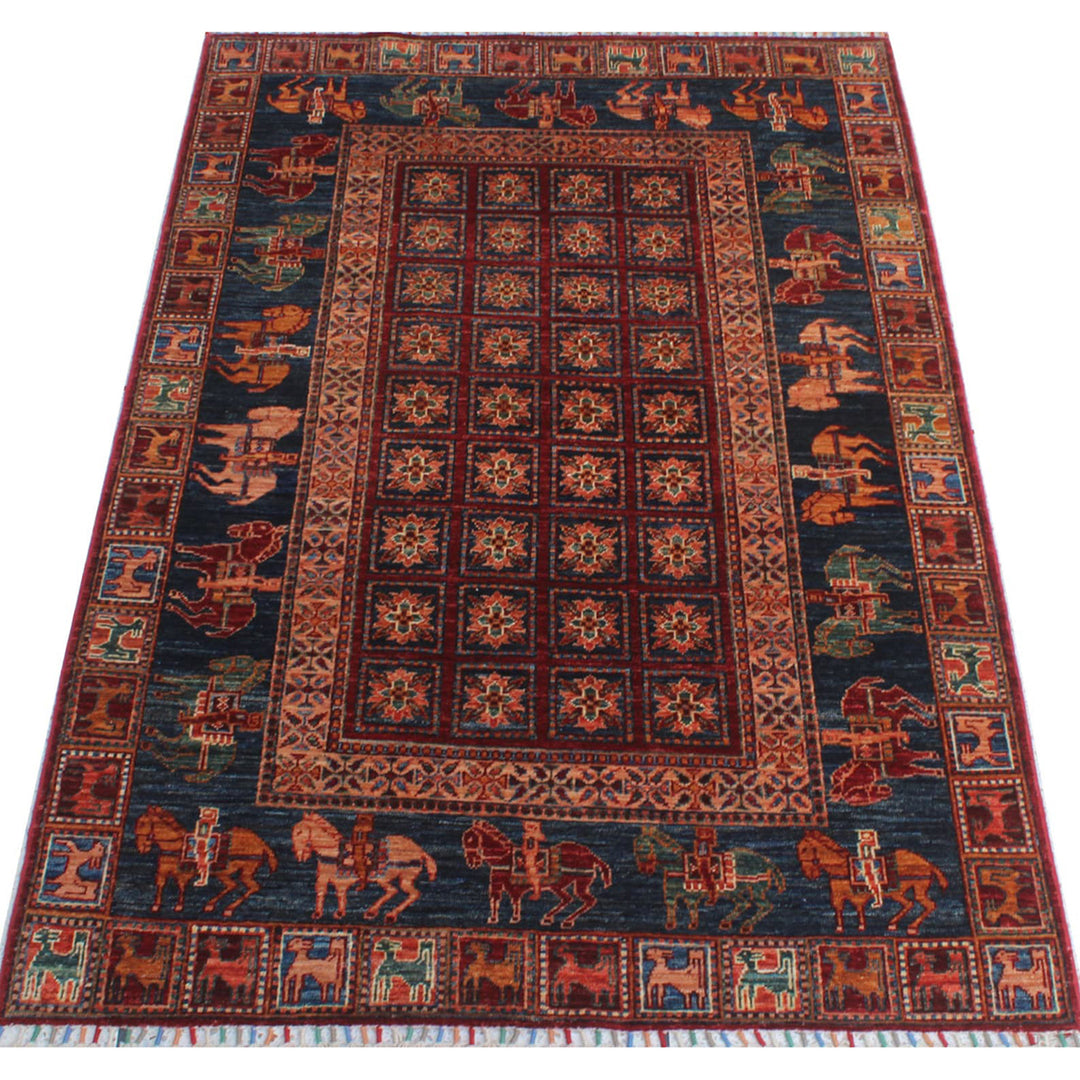 Tribal 4x6Ft Hand Knotted Pazyryk Rug - Red Blue Rug - Horse Design Rug - 4x6 Entryway Rug - Small Kitchen Rug - Office Rug - Home Decor Rug-San Francisco Rugs--San Francisco Rugs