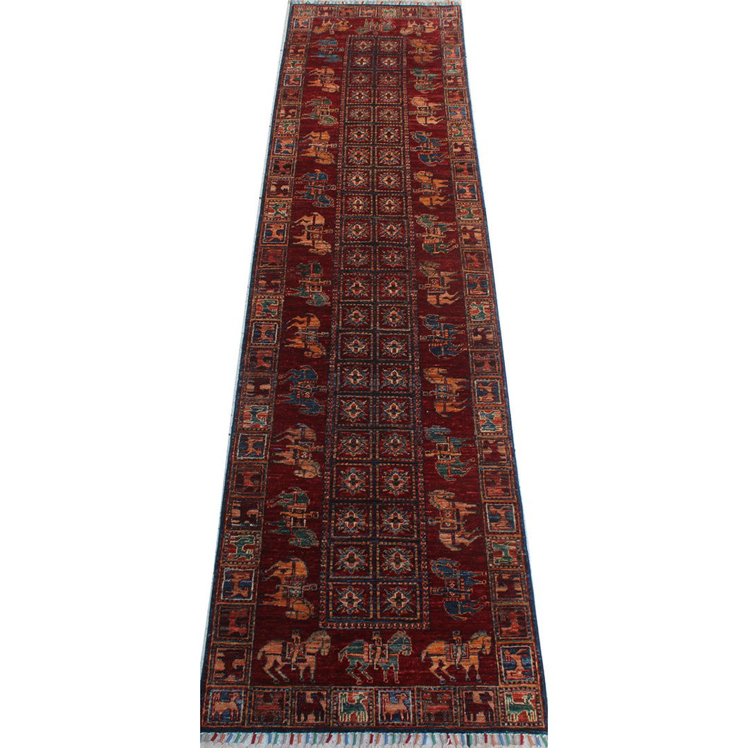 Red 3x10 Ft Hand Knotted Runner Rug - Tribal Pazyryk Runner - 10 Ft Hallway Runner Rug - 3x10 Kitchen Runner Rug - Interior Design Rug-San Francisco Rugs--San Francisco Rugs