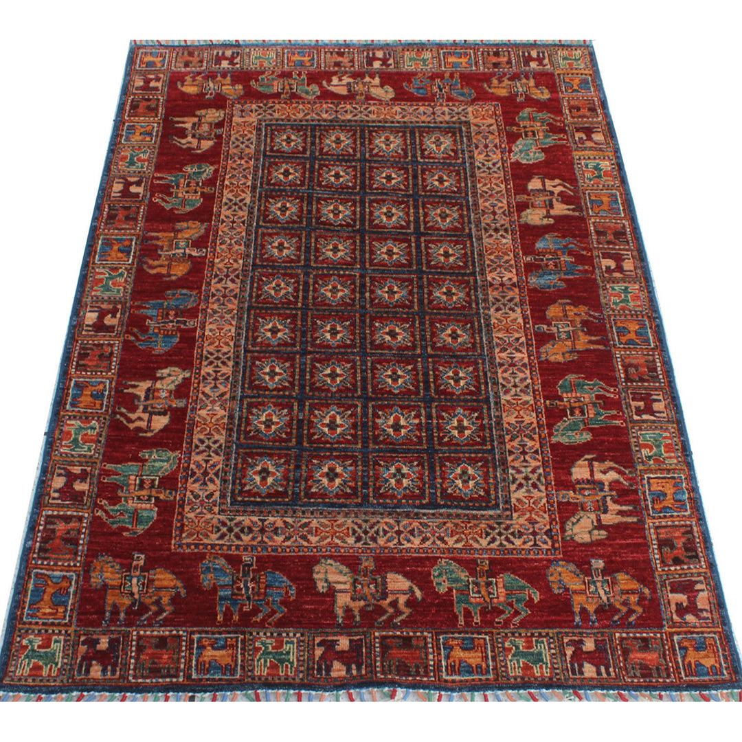 Tribal 4x6 Ft Hand Knotted Pazyryk Rug - Afghan, Wool Rug - Red Blue Color Rug - Exquisite Design Rug - 4x6 Entryway Rug - Small Office Rug-San Francisco Rugs--San Francisco Rugs