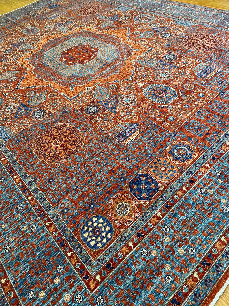 9X12 ORANGE BLUE MAMLUK HAND KNOTTED MEDALLION RUG-San Francisco Rugs--San Francisco Rugs