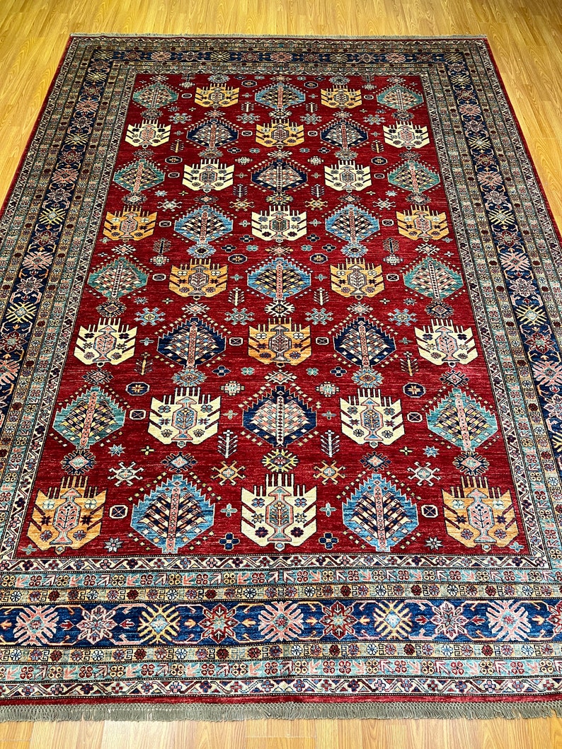 9X12 RED KAZAK HAND KNOTTED GEOMETRIC ARE RUG-San Francisco Rugs--San Francisco Rugs