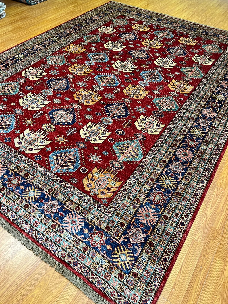 9X12 RED KAZAK HAND KNOTTED GEOMETRIC ARE RUG-San Francisco Rugs--San Francisco Rugs