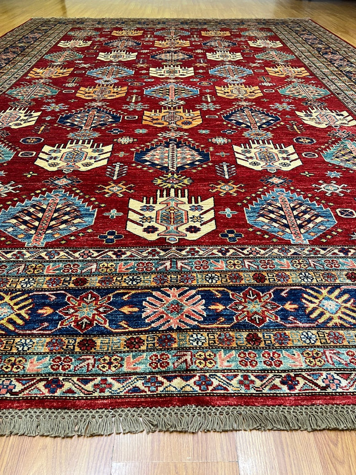 9X12 RED KAZAK HAND KNOTTED GEOMETRIC ARE RUG-San Francisco Rugs--San Francisco Rugs