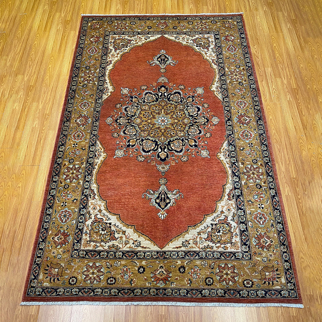 Tribal Gold-Orange 5'7x8'11 ft Persian Tabriz Rug - Hand Knotted Wool Rug - Medallion Rug For Living Room, Bedroom - Traditional Office Rug-San Francisco Rugs--San Francisco Rugs