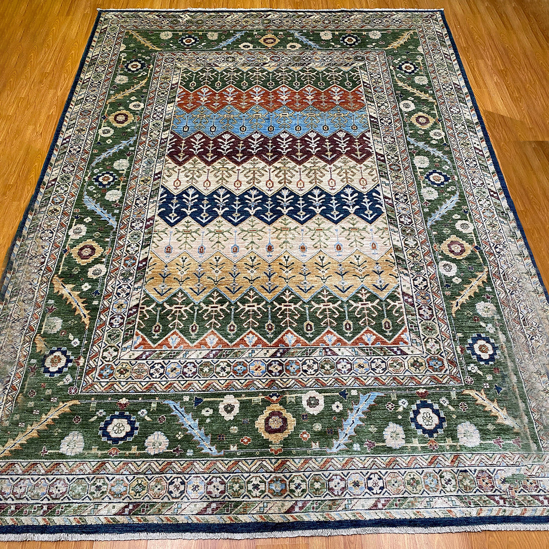 9X12 GREEN MULTICOLOR TRIBAL HAND KNOTTED RUG-San Francisco Rugs--San Francisco Rugs