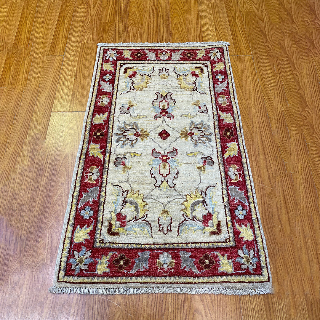 Ivory-Red 2x3 ft Hand Knotted Afghan Rug - Small Area Rug - Floral Design Rug - Entryway Rug - Bathroom Rug - Home Decor Rug-San Francisco Rugs--San Francisco Rugs