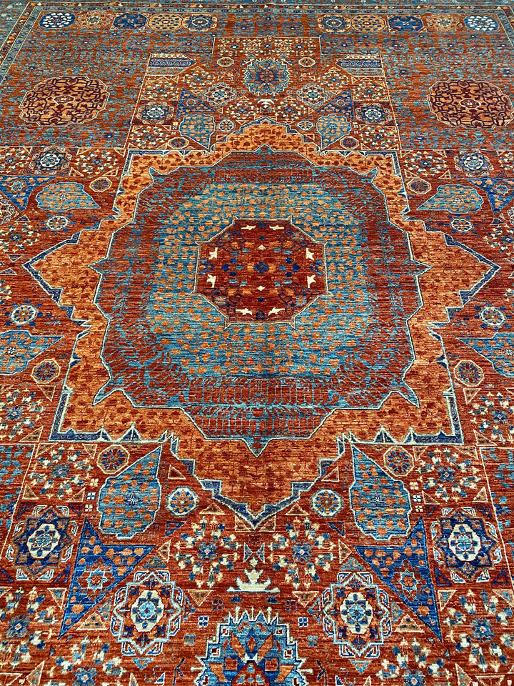 9X12 ORANGE BLUE MAMLUK HAND KNOTTED MEDALLION RUG-San Francisco Rugs--San Francisco Rugs