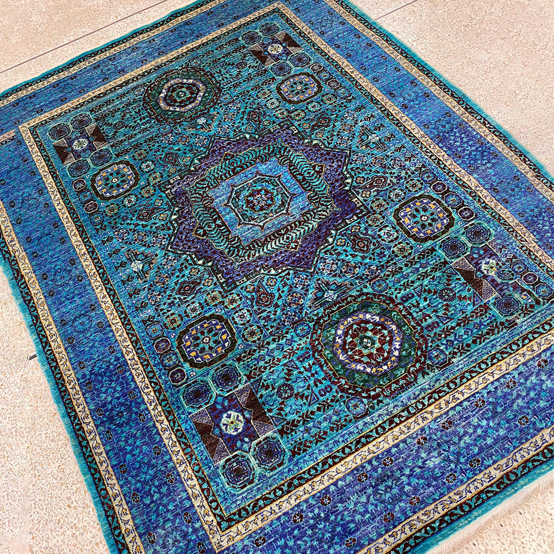 Blue 5x7 Ft Hand Knotted Turkish Mamluk Rug - Medallion Rug - Afghan Wool Rug - 5x7 Area Rug For Bedroom - Kitchen Rug - Fine Office Rug-San Francisco Rugs--San Francisco Rugs