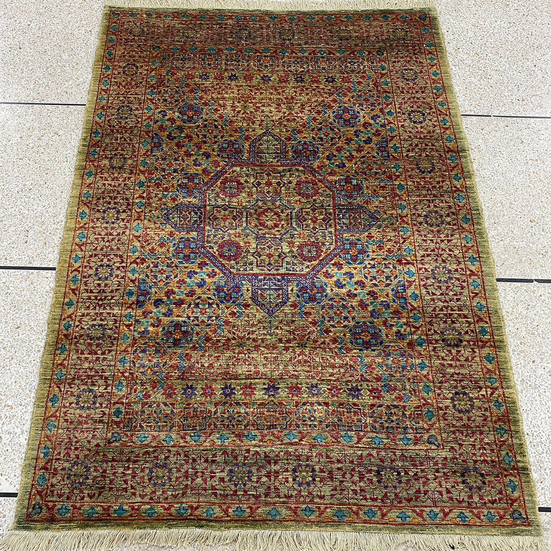 Green-Brown 4x6 Ft Hand Knotted Medallion, Turkish Mamluk Rug - Fine Quality, Afghan Wool Rug - Small Area Rug For Office, Kitchen, Bedroom-San Francisco Rugs--San Francisco Rugs