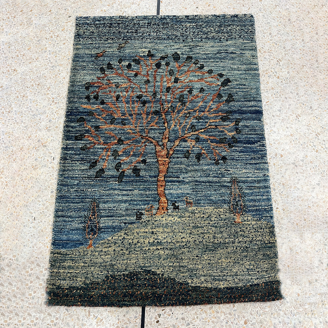 Blue 2x3 Ft Hand Knotted Rug - Fine Quality Tree Rug - Afghan Gabbeh Rug - Entryway Rug - Door Mat Rug - Small Bathroom, Office, Kitchen Rug-San Francisco Rugs--San Francisco Rugs