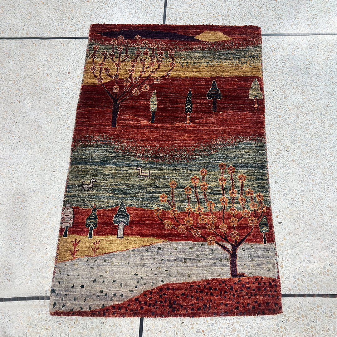 Red 2x3 Ft Hand Knotted Rug - Afghan Luri Gabbeh Rug - Landscape Design Rug - Tree Rug - Small Entryway Rug - Bathroom Rug - Kitchen Rugs-San Francisco Rugs--San Francisco Rugs