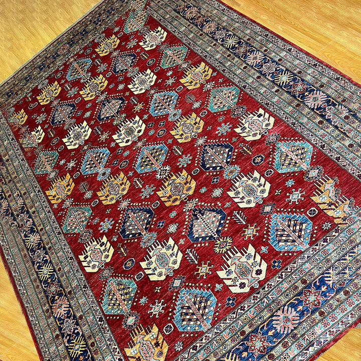 9X12 RED KAZAK HAND KNOTTED GEOMETRIC ARE RUG-San Francisco Rugs--San Francisco Rugs