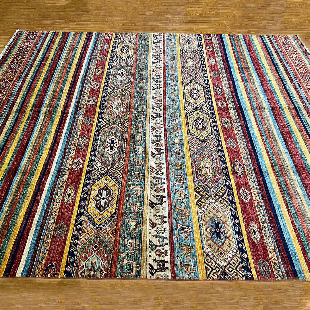 Unique 8x10 Ft Hand Knotted Wool Rug - Afghan Khorjin Rug - Striped Abstract Rug - Multicolor Rug For Office - Living Room Rug - Bedroom Rug-San Francisco Rugs--San Francisco Rugs