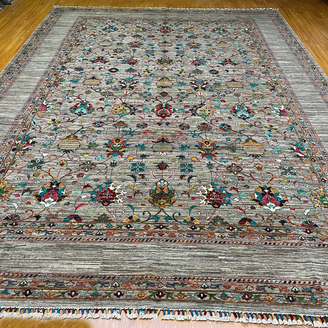 10x14 GREY FLORAL DESIGN AFGHAN HAND KNOTTED RUG-San Francisco Rugs--San Francisco Rugs